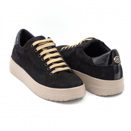Pantofi dama - Pantofi dama tip adidas din piele naturala intoarsa si lacuita neagra cu varf rotund si talpa de 3 cm 60521-1-24