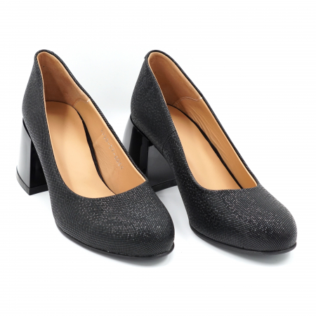 Pantofi dama din piele naturala neagra cu insertii cu varf rotund si toc mic gros 6 cm 6055-24 [4]
