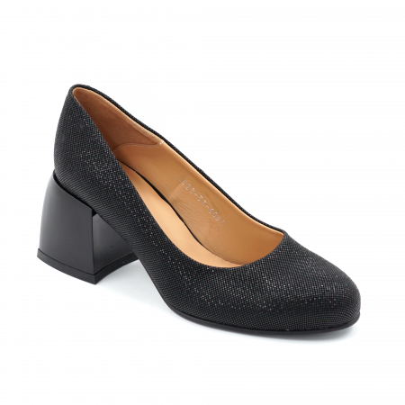 Pantofi dama din piele naturala neagra cu insertii cu varf rotund si toc mic gros 6 cm 6055-24 [1]