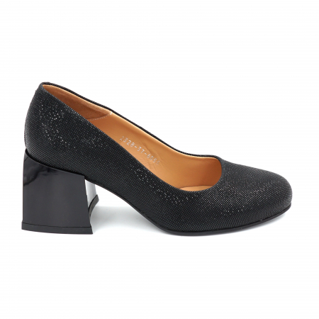 Pantofi dama - Pantofi dama din piele naturala neagra cu insertii cu varf rotund si toc mic gros 6 cm 6055-24