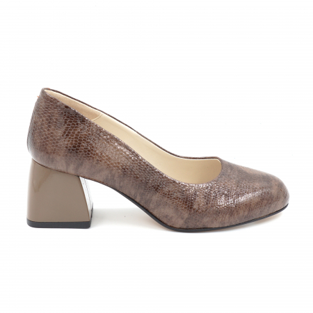 Pantofi elegant & office dama - Pantofi dama din piele naturala lacuita croco maro degrade cu varf rotund si toc mic gros 6 cm 6055-3-24
