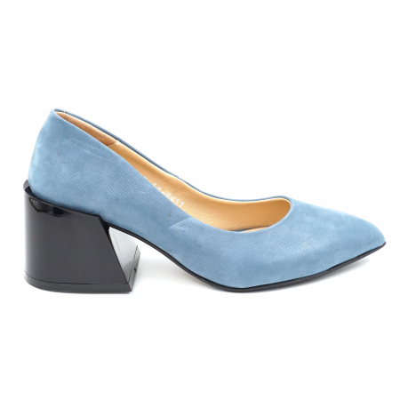 Dama - Pantofi dama din piele naturala albastru bleu sidef cu varf ascutit stileto si toc mic gros 6 cm 6057-2-24