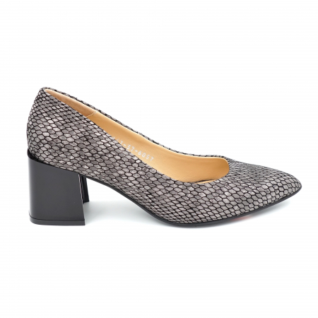 Pantofi dama - Pantofi dama din piele naturala imprimeu sarpe argintiu gri cu varf ascutit stileto si toc mic gros 6 cm 6057-4-24
