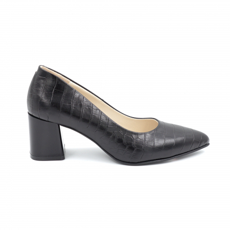 Pantofi elegant & office dama - Pantofi dama din piele naturala croco negru mat cu varf ascutit stileto si toc mic gros 6 cm 6057-5-24