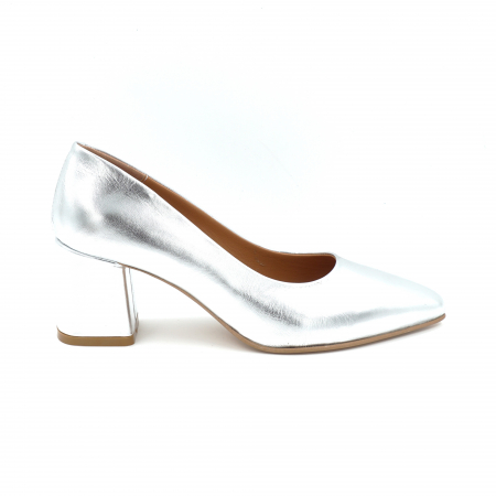 Pantofi elegant & office dama - Pantofi dama din piele naturala culoare argintie cu varf ascutit stlileto si toc mic gros imbracat 6 cm 6057-7-24