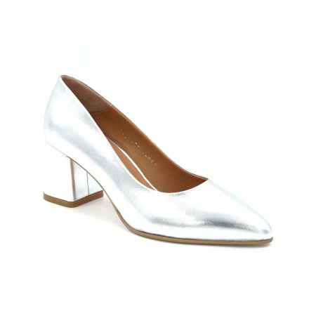 Pantofi dama din piele naturala culoare argintie cu varf ascutit stlileto si toc mic gros imbracat 6 cm 6057-7-24 [1]