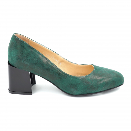 Pantofi dama - Pantofi dama din piele naturala verde marmorat smarald cu varf rotund si toc mic gros 6 cm 6052-2-24