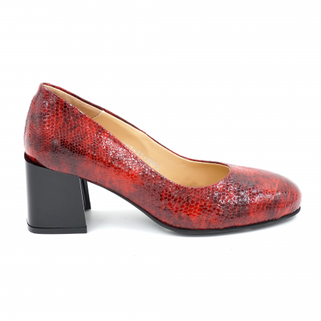 Pantofi dama - Pantofi dama din piele naturala lacuita croco rosu marmorat cu varf rotund si toc mic gros 6 cm 6065-24
