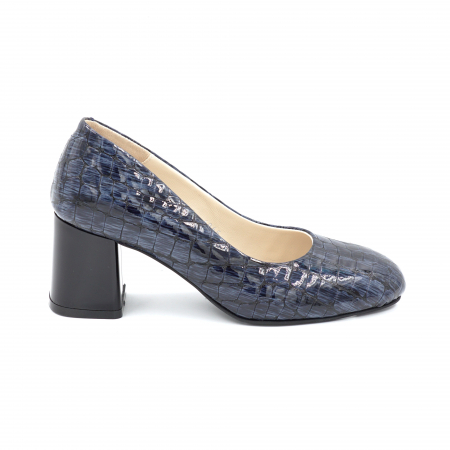 Pantofi elegant & office dama - Pantofi dama din piele naturala croco lacuit bleumaren cu varf rotund si toc mic gros 6 cm 6065-3-24