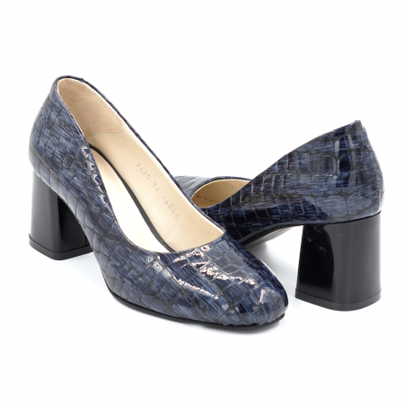 Pantofi dama din piele naturala croco lacuit bleumaren cu varf rotund si toc mic gros 6 cm 6065-3-24 [2]
