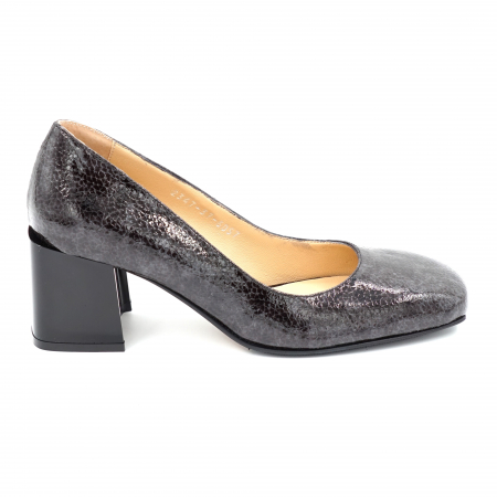 Pantofi dama - Pantofi dama din piele naturala lacuita croco gri marmorat cu varf patrat si toc mic gros 6 cm 6067-24