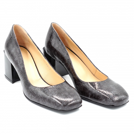 Pantofi dama din piele naturala lacuita croco gri marmorat cu varf patrat si toc mic gros 6 cm 6067-24 [2]