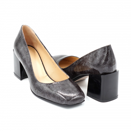 Pantofi dama din piele naturala lacuita croco gri marmorat cu varf patrat si toc mic gros 6 cm 6067-24 [3]