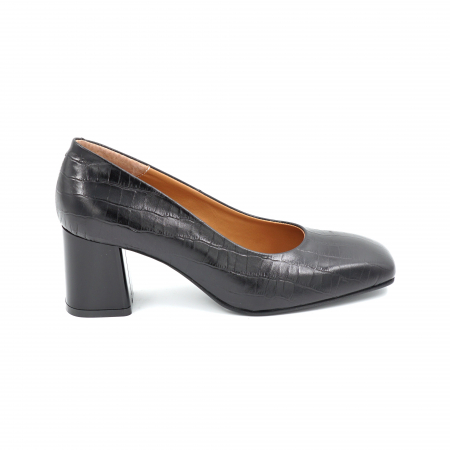 Pantofi elegant & office dama - Pantofi dama din piele naturala croco negru mat cu varf patrat si toc mic gros 6 cm 6067-25