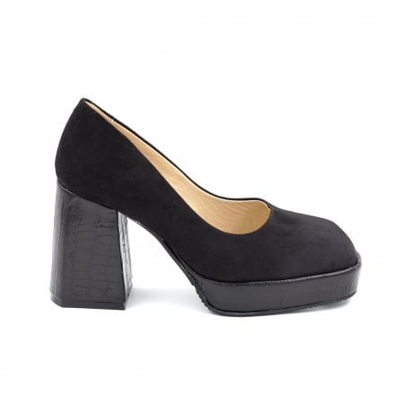 Pantofi elegant & office dama - Pantofi dama din piele naturala intoarsa si lacuita neagra cu varf patrat, platforma 2 cm si toc inalt gros imbracat 9 cm 7101-1-24