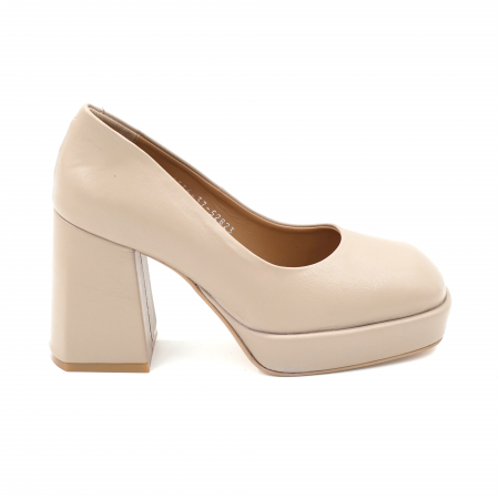 Lichidare stocuri - Pantofi dama din piele naturala nude bej roze cu varf patrat, platforma 2 cm si toc inalt gros imbracat 9 cm 7101-24