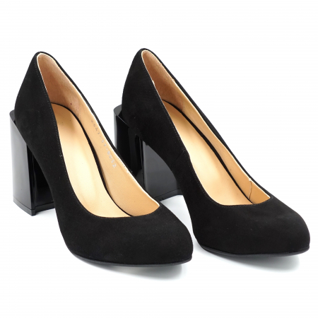 Pantofi dama din piele naturala intoarsa neagra cu varf rotund si toc mediu gros 8 cm 8052-24 [2]