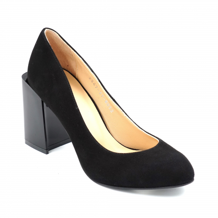Pantofi dama din piele naturala intoarsa neagra cu varf rotund si toc mediu gros 8 cm 8052-24 [1]