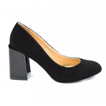 Dama - Pantofi dama din piele naturala intoarsa neagra cu varf rotund si toc mediu gros 8 cm 8052-24