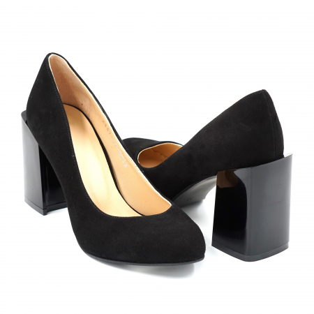 Pantofi dama din piele naturala intoarsa neagra cu varf rotund si toc mediu gros 8 cm 8052-24 [3]