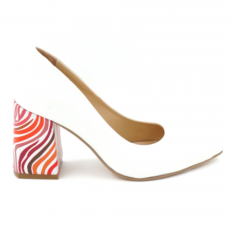 Dama - Pantofi dama din piele naturala alba si cu imprimeu colorat cu varf ascutit si toc mediu gros imbracat 8 cm 8057-2-24
