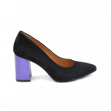 Pantofi dama - Pantofi dama din piele naturala intoarsa neagra cu varf ascutit stileto si toc mediu gros imbracat 8 cm 8057-1-25