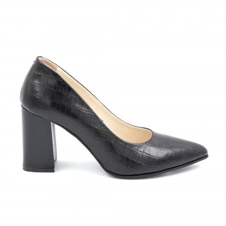 Pantofi elegant & office dama - Pantofi dama din piele naturala imprimeu croco mat negru cu varf ascutit stileto si toc mediu gros 8 cm 8057-11-24