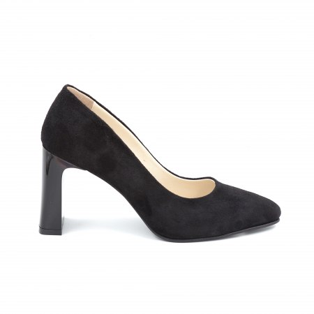 Pantofi elegant & office dama - Pantofi dama din piele naturala intoarsa neagra cu varf ascutit stileto si toc mediu gros tip bricheta 8 cm 8057-14-24