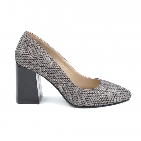 Pantofi elegant & office dama - Pantofi dama din piele naturala cu imprimeu sarpe gri metalizat cu varf ascutit stileto si toc mediu gros 8 cm 8057-16-24