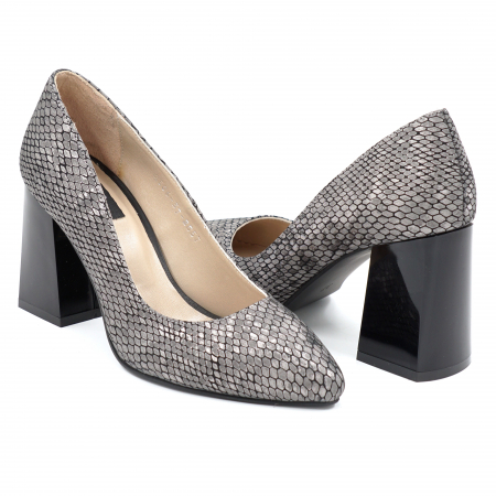 Pantofi dama din piele naturala cu imprimeu sarpe gri metalizat cu varf ascutit stileto si toc mediu gros 8 cm 8057-16-24 [2]