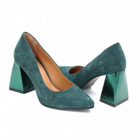 Pantofi dama din piele naturala intoarsa verde menta si verde metalizat cu varf ascutit stileto si toc mediu gros imbracat 8 cm 8057-25 [3]