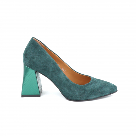 Dama - Pantofi dama din piele naturala intoarsa verde menta si verde metalizat cu varf ascutit stileto si toc mediu gros imbracat 8 cm 8057-25