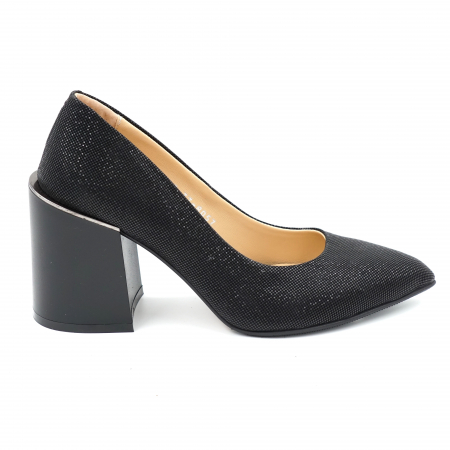 Dama - Pantofi dama din piele naturala neagra cu imprimeu cu varf ascutit stileto si toc mediu gros 8 cm 8057-4-24