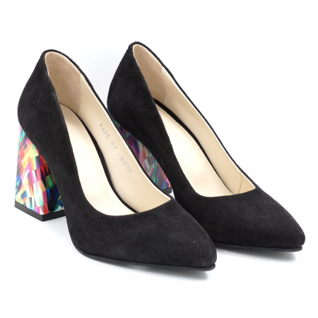 Pantofi dama din piele naturala intoarsa neagra si cu imprimeu colorat cu varf ascutit stileto si toc mediu gros imbracat 8 cm 8057-9-24 [3]