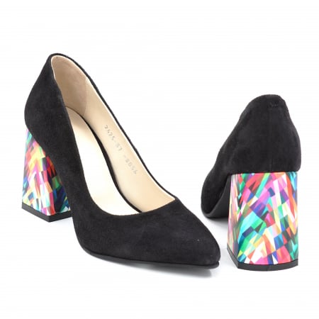 Pantofi dama din piele naturala intoarsa neagra si cu imprimeu colorat cu varf ascutit stileto si toc mediu gros imbracat 8 cm 8057-9-24 [4]