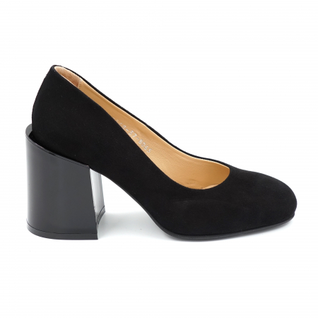Pantofi dama - Pantofi dama din piele naturala intoarsa neagra cu varf rotund si toc mediu gros 8 cm 8065-1-24
