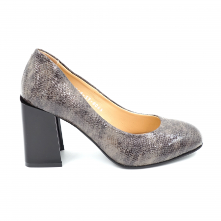 Dama - Pantofi dama din piele naturala lacuita croco maro marmorat cu varf rotund si toc mediu gros 8 cm 8065-24