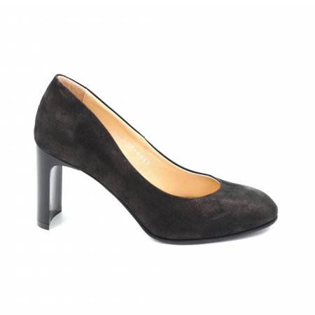 Pantofi dama - Pantofi dama din piele naturala neagra cu insertie aramie cu varf rotund si toc mediu gros tip bricheta 8 cm 8065-4-24