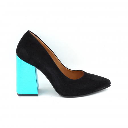 Pantofi elegant & office dama - Pantofi dama din piele naturala intoarsa neagra cu varf ascutit stileto si toc inalt gros imbracat 9 cm 9557-1-25