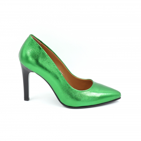 Pantofi elegant & office dama - Pantofi dama din piele naturala verde metalizat cu varf ascutit stileto si toc inalt subtire 9 cm 9557-2-25