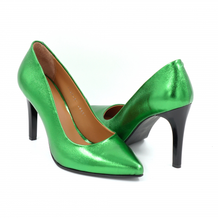 Pantofi dama din piele naturala verde metalizat cu varf ascutit stileto si toc inalt subtire 9 cm 9557-2-25 [2]