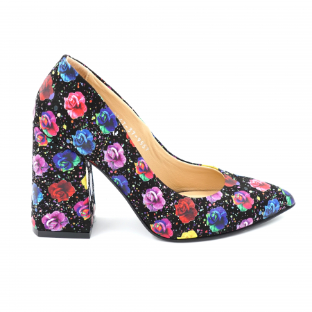 Pantofi dama - Pantofi dama din piele naturala cu imprimeu floral cu varf ascutit stileto si toc inalt gros imbracat 9 cm 9557-24