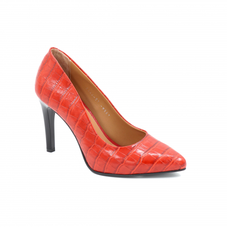 Pantofi dama din piele naturala  croco rosie cu varf ascutit stileto si toc inalt subtire 9 cm 9557-3-25 [1]