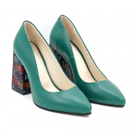 Pantofi dama din piele naturala verde menta si cu imprimeu multicolor cu varf ascutit stileto si toc inalt gros imbracat 9 cm 9557-5-24 [1]