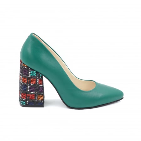 Pantofi elegant & office dama - Pantofi dama din piele naturala verde menta si cu imprimeu multicolor cu varf ascutit stileto si toc inalt gros imbracat 9 cm 9557-5-24