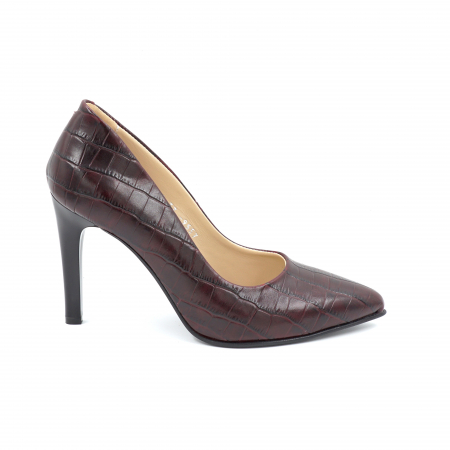 Pantofi elegant & office dama - Pantofi dama din piele naturala croco visiniu burgund cu varf ascutit stileto si toc inalt subtire 9 cm 9557-7-24