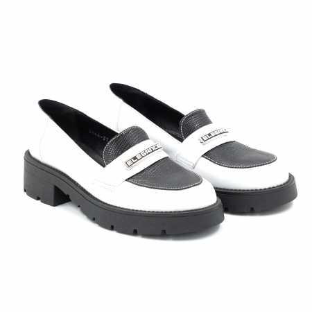 Pantofi dama casual loafers din piele naturala alba si neagra cu imprimeu cu varf rotund si talpa de 4 cm 52425-25 [2]