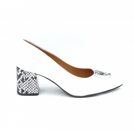 Pantofi dama din piele naturala alba si cu imprimeu sarpe alb cu negru cu varf ascutit stiletto si toc mic gros de 6 cm 50824-25 [4]