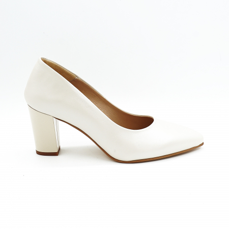 Pantofi elegant & office dama - Pantofi dama din piele naturala alba varf ascutit si toc mediu gros 7 cm 0161-1-25