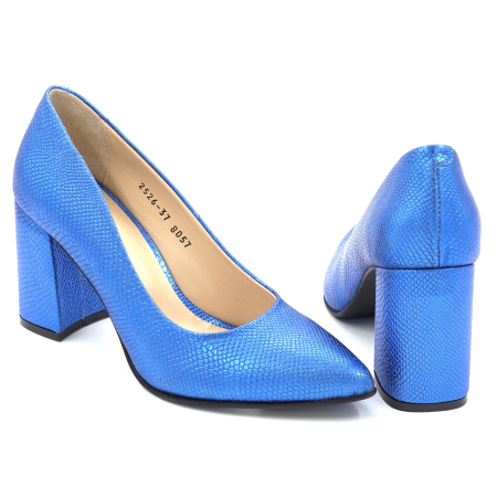 Pantofi dama din piele naturala albastru metalizat cu varf ascutit stiletto si toc mediu gros imbracat de 8 cm 8057-15-25 [4]